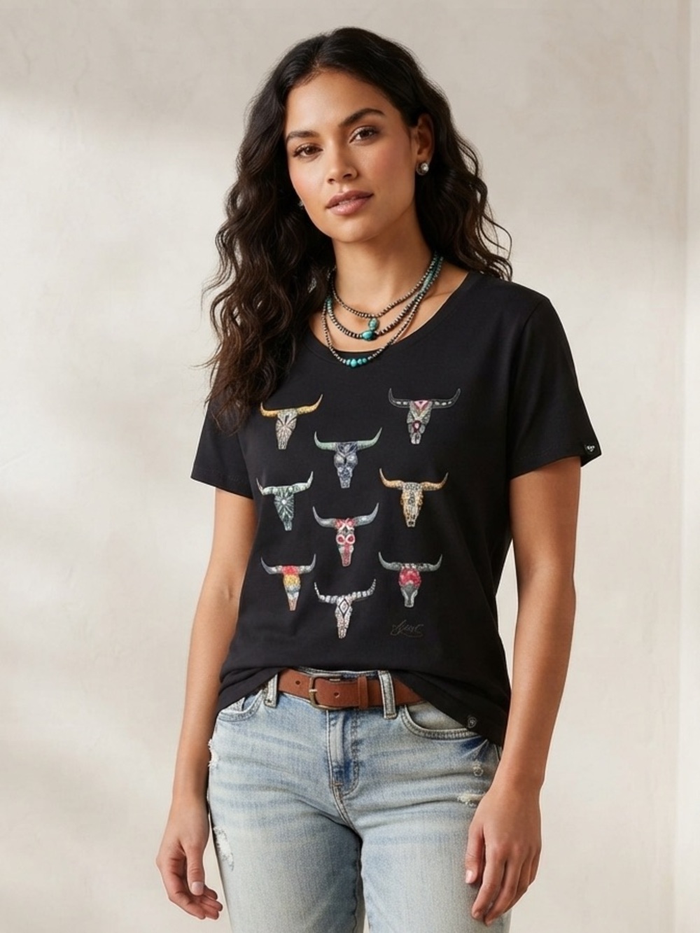 ARIAT Western Bull Skull Print Tee L 21.5” p2p Black